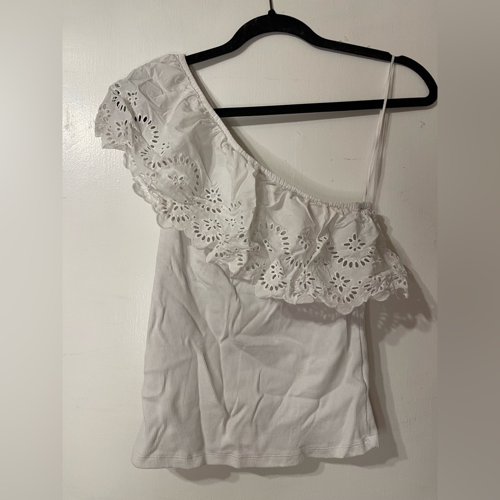 Old Navy White One-Shoulder Eyelet Ruffle Tank
